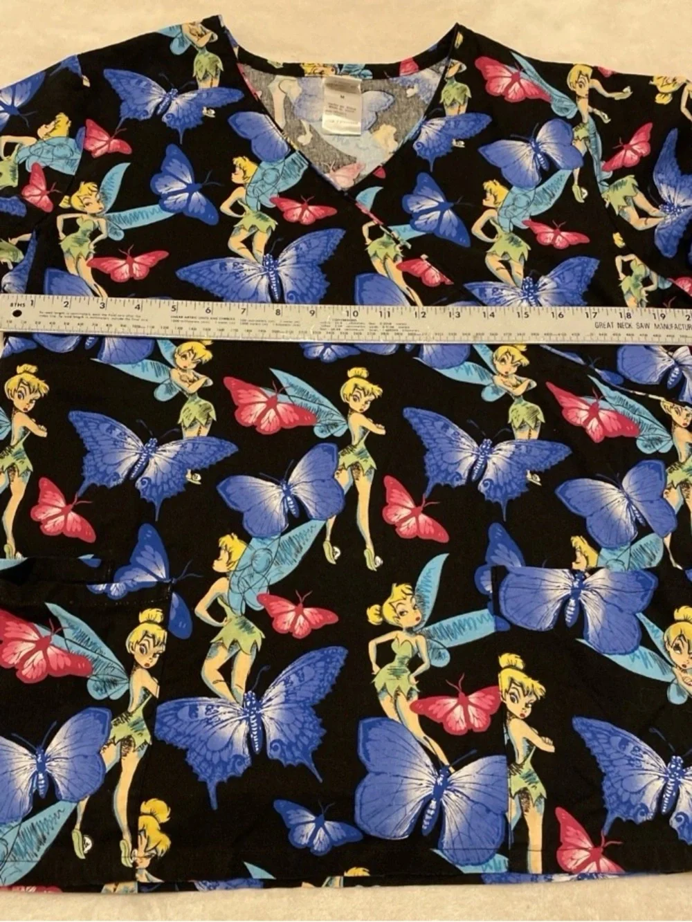 Disney Black V-Neck Short Sleeve Scrub Top with Blue & Pink Butterfly Print